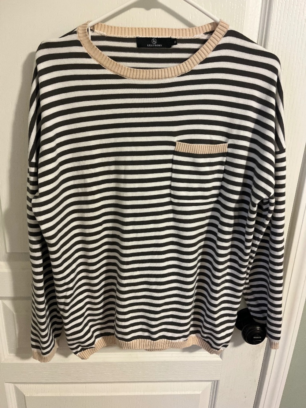 Striped Charcoal Gray and Cream Sweater Women’s Medium